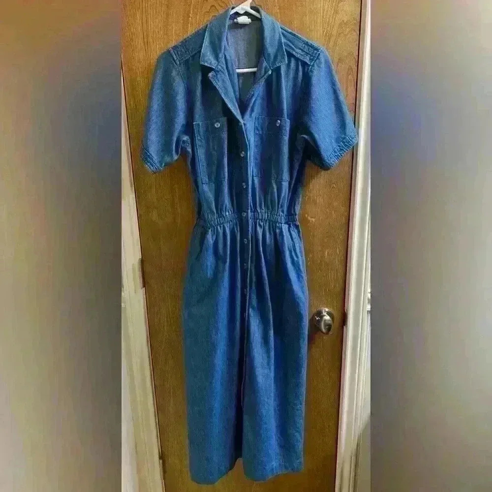 Vintage Gotcha Covered Denim Maxi Dress Button Up Short Sleeve Cotton Blue 9/10